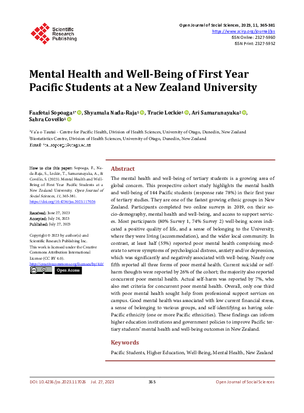 (PDF) Mental Health and Well-Being of First Year Pacific Students at a ...