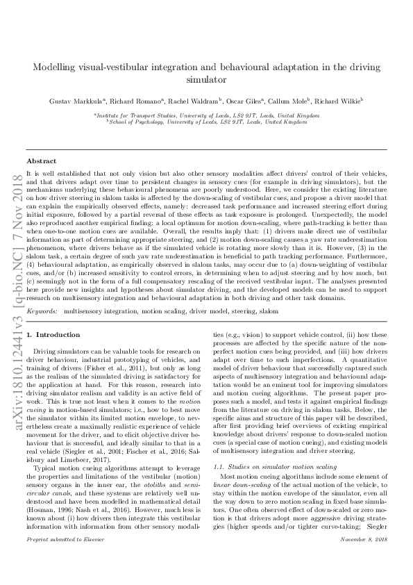 (PDF) Modelling visual-vestibular integration and behavioural ...