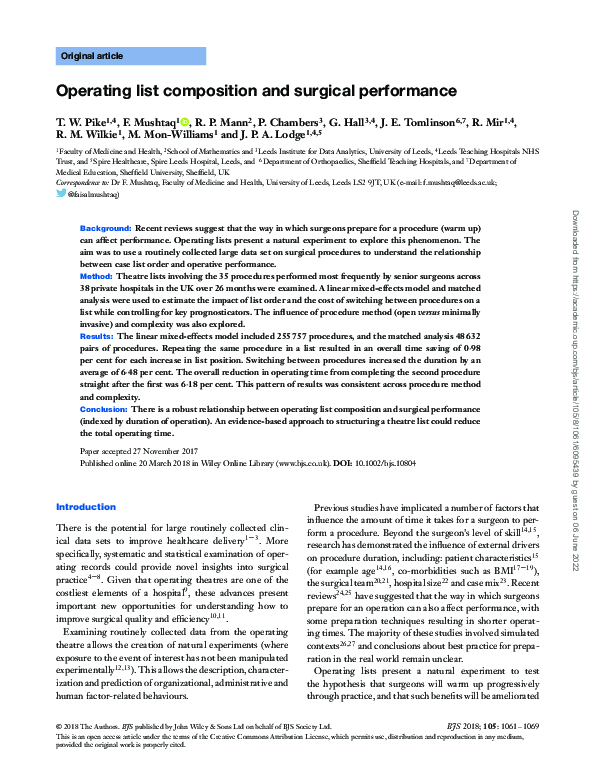 (PDF) Operating list composition and surgical performance