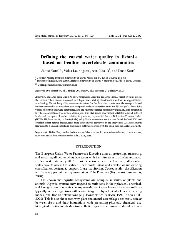 (PDF) Defining the coastal water quality in Estonia based on benthic ...