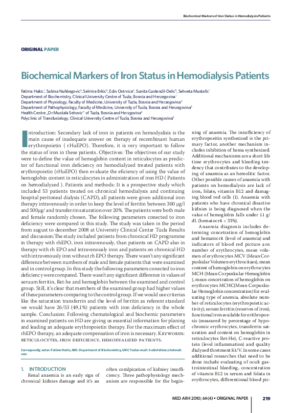 (PDF) Biochemical markers of iron status in hemodialysis patients