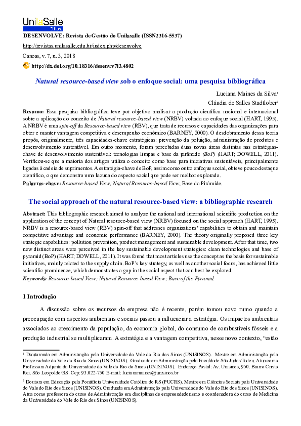 (PDF) Natural resourcebased view sob o enfoque social uma pesquisa