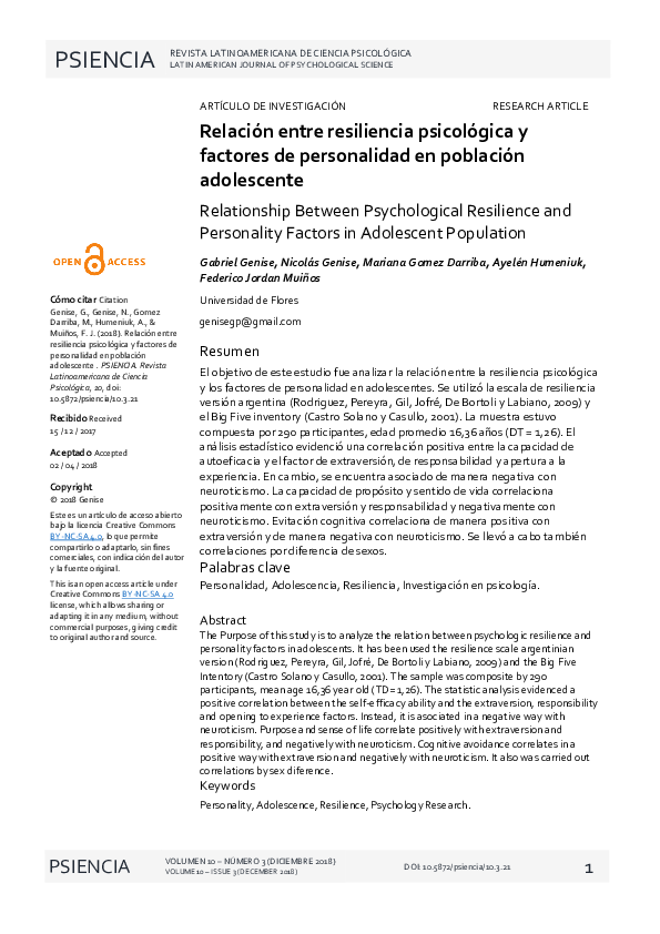 (PDF) Relación entre resiliencia psicológica y factores de personalidad