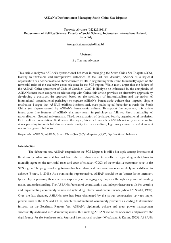(PDF) ASEAN's Dysfunction in Managing South China Sea Disputes