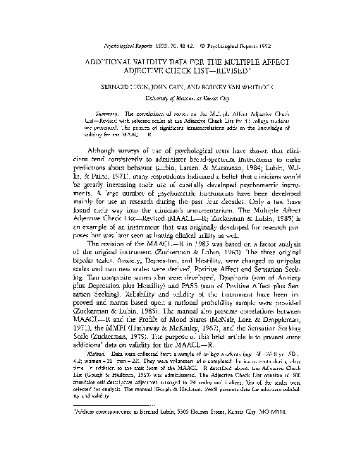 (PDF) Additional Validity Data for the Multiple Affect Adjective Check ...