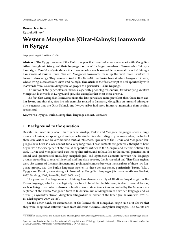 (PDF) Western Mongolian (Oirat-Kalmyk) loanwords in Kyrgyz