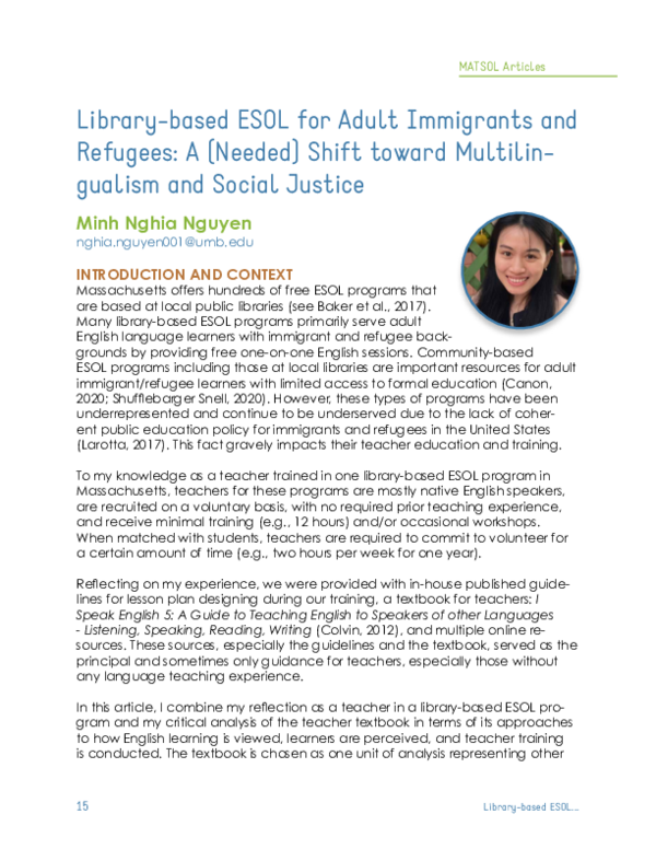 (PDF) Library-based ESOL for Adult Immigrants and Refugees: A (Needed ...