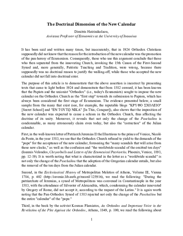(PDF) The Doctrinal Dimension of the New Calendar