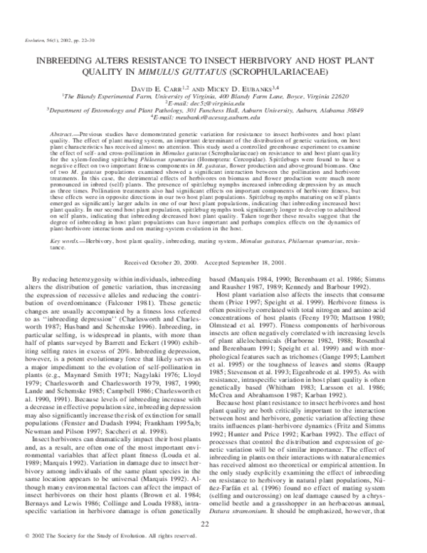 (PDF) Inbreeding Alters Resistance to Insect Herbivory and Host Plant ...
