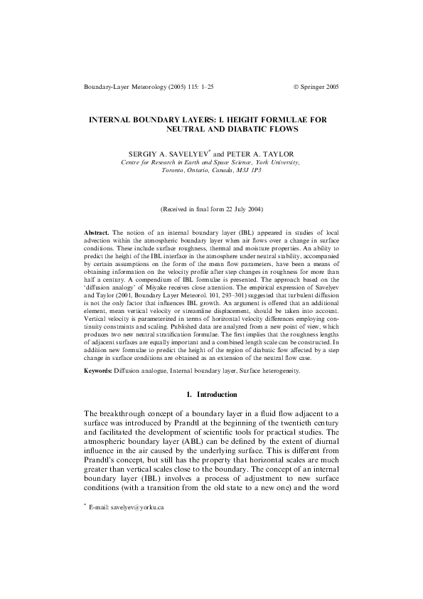 (PDF) Internal Boundary Layers: I. Height Formulae for Neutral and ...