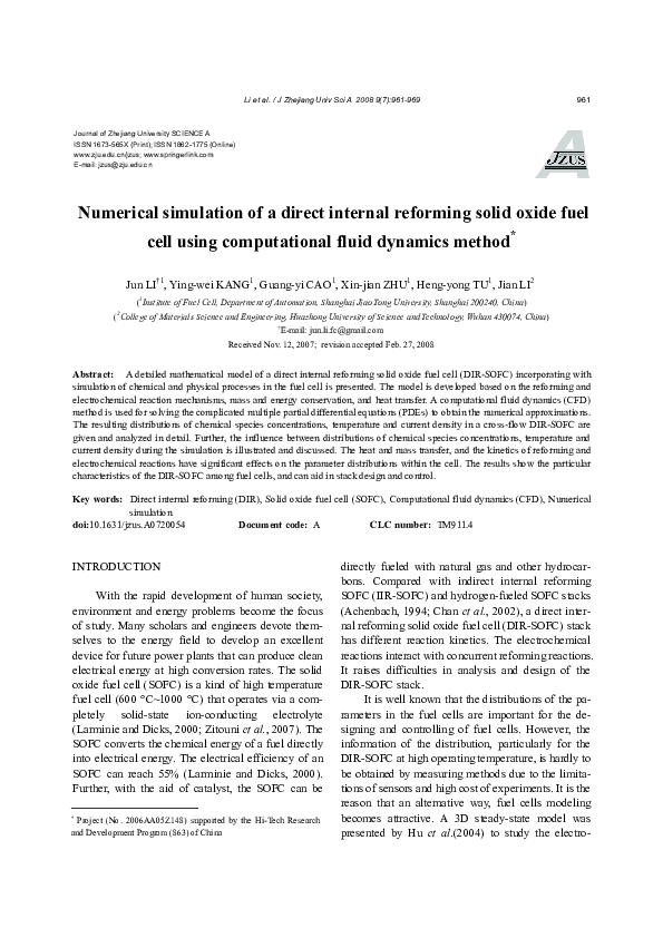 (PDF) Numerical simulation of a direct internal reforming solid oxide ...