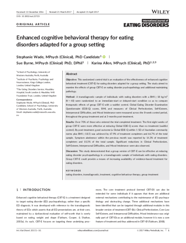 (PDF) Enhanced Cognitive Behavioral Therapy for Eating Disorders-Basics ...