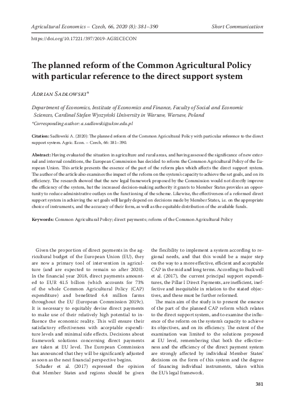 (PDF) The planned reform of the Common Agricultural Policy with ...