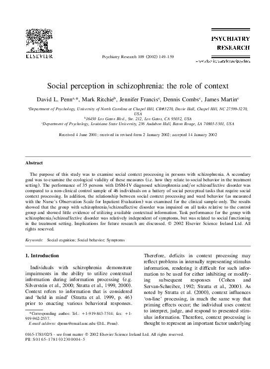 (PDF) Social perception in schizophrenia: the role of context