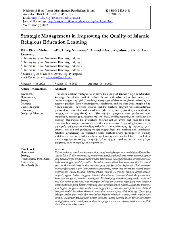 (PDF) Strategic Management in Improving the Quality of Islamic ...