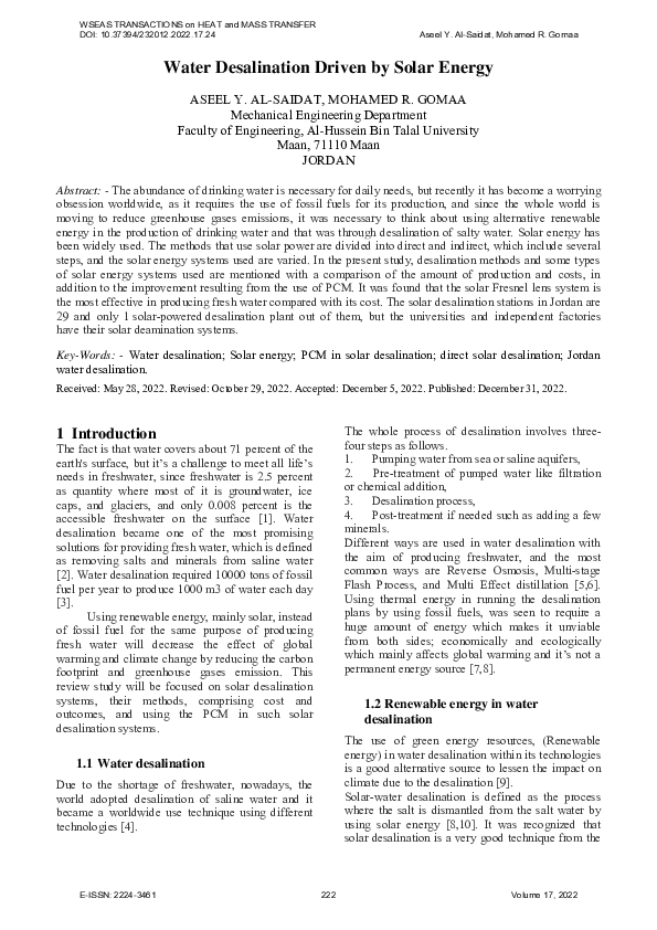 (PDF) Water Desalination Driven by Solar Energy
