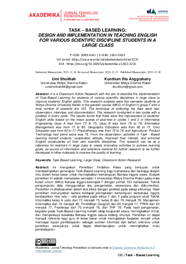 (PDF) Task – Based Learning: Design and Implementation in Teaching ...