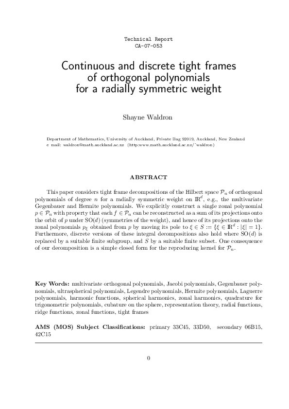(PDF) Continuous and Discrete Tight Frames of Orthogonal Polynomials ...