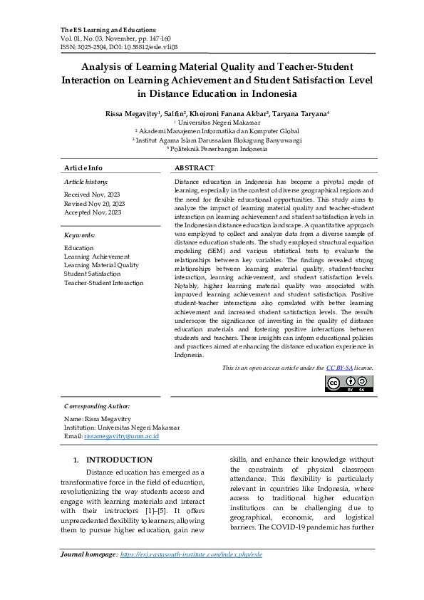 (PDF) Analysis of Learning Material Quality and Teacher-Student ...