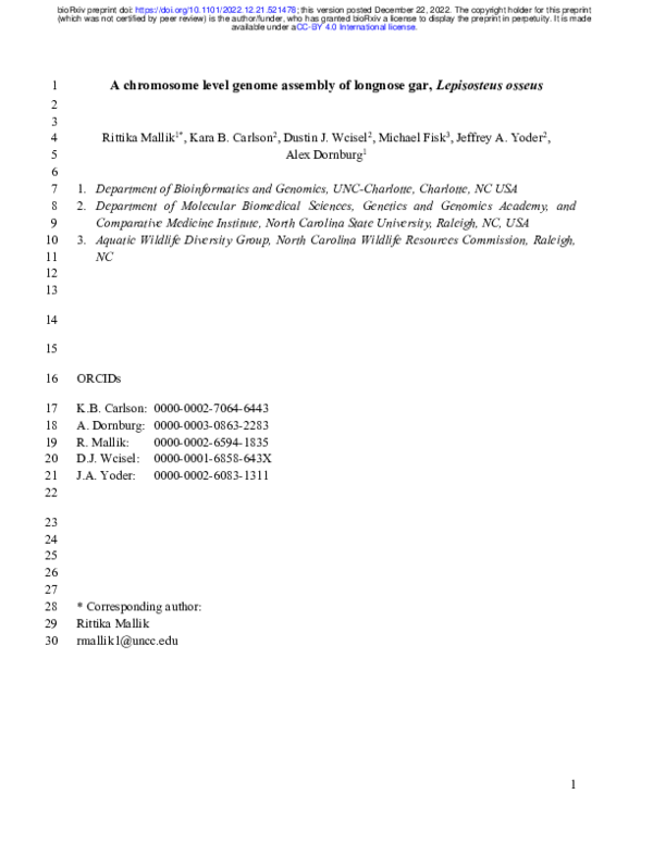 (PDF) A chromosome level genome assembly of longnose gar, Lepisosteus ...