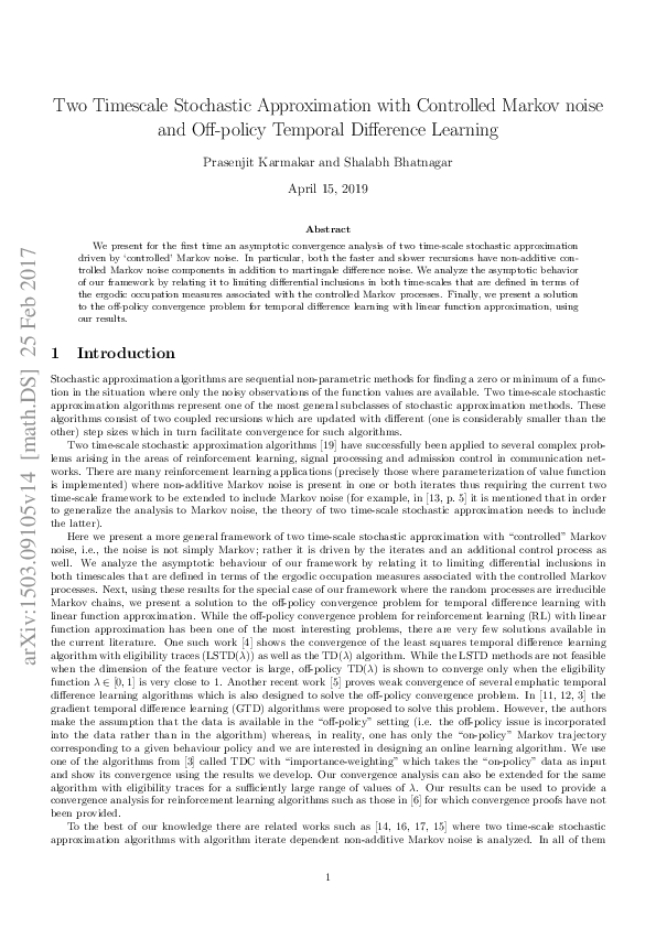 (PDF) Two Timescale Stochastic Approximation with Controlled Markov noise