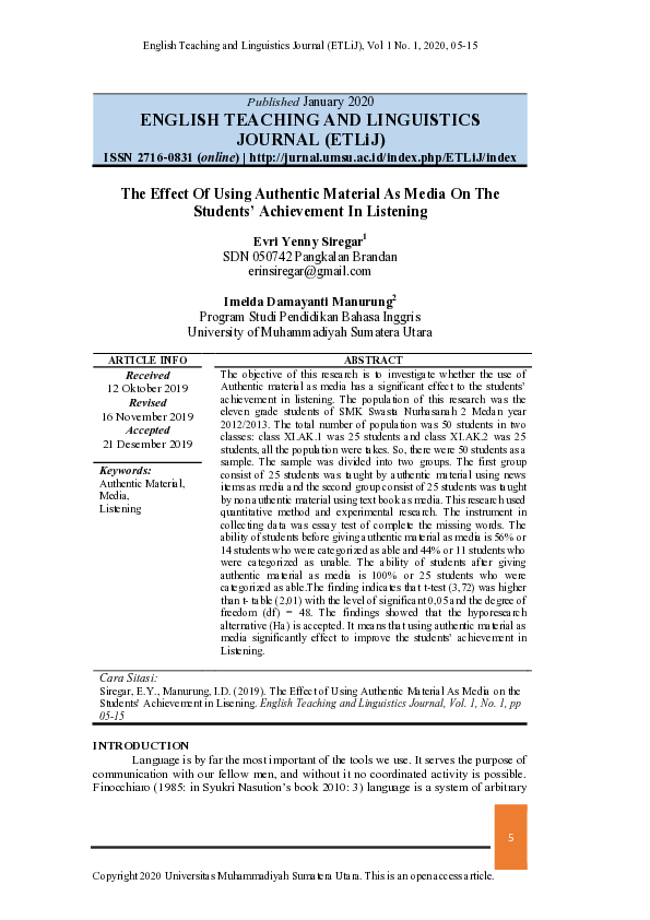 (PDF) The Effect Of Using Authentic Material As Media On The Students ...