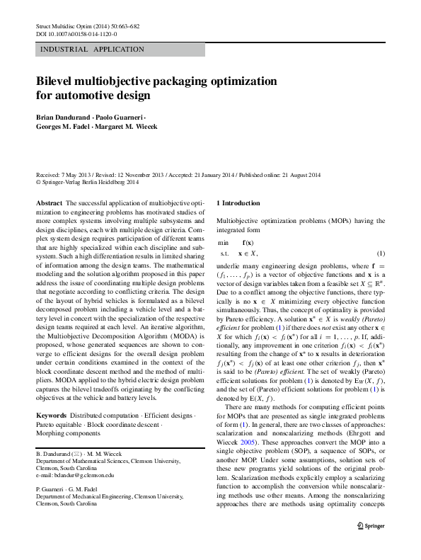 (PDF) Bilevel multiobjective packaging optimization for automotive design