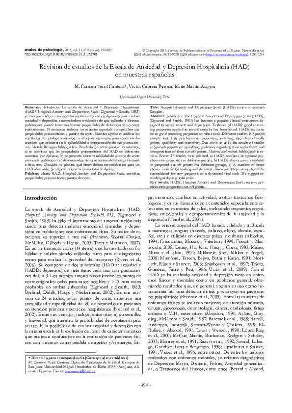 (PDF) Revisión de estudios de la Escala de Ansiedad y Depresión