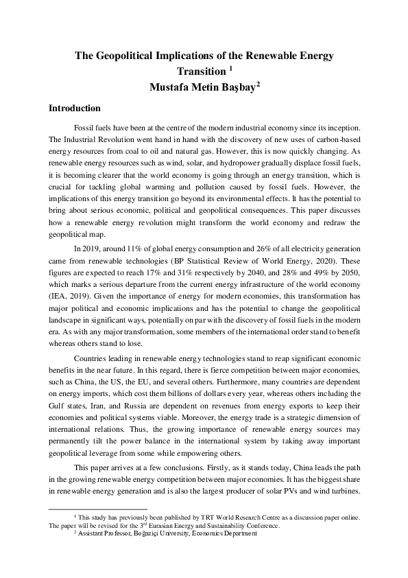 (PDF) The Geopolitical Implications of the Renewable Energy Transition 1