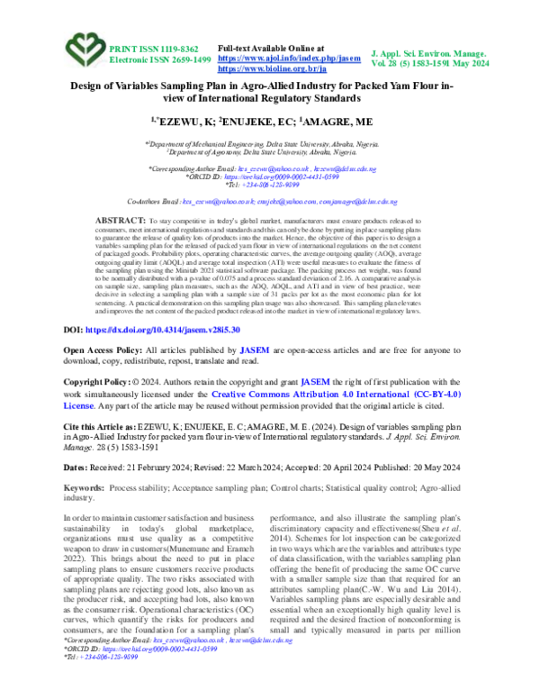 (PDF) Design of Variables Sampling Plan in Agro-Allied Industry for ...