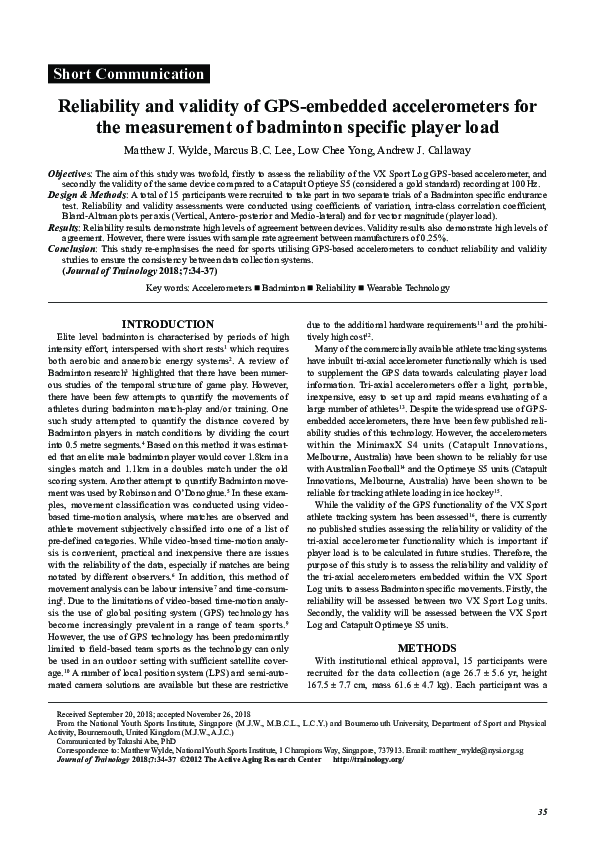 (PDF) Reliability and validity of GPS-embedded accelerometers forthe ...