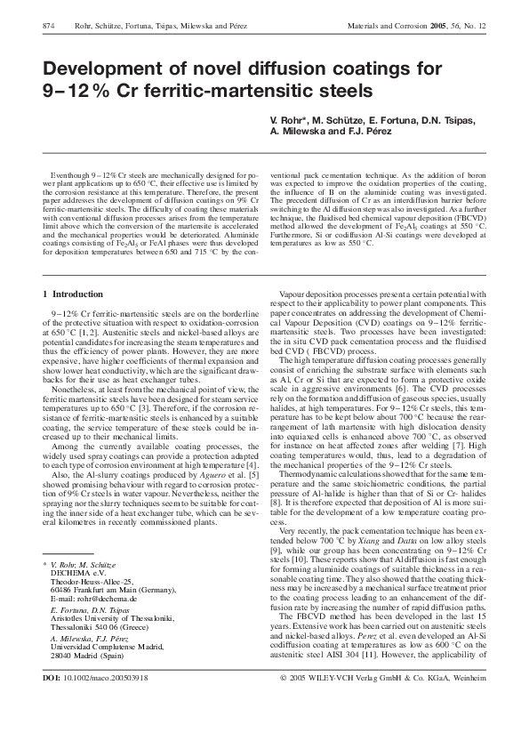 (PDF) Development of novel diffusion coatings for 9-12 % Cr ferritic ...