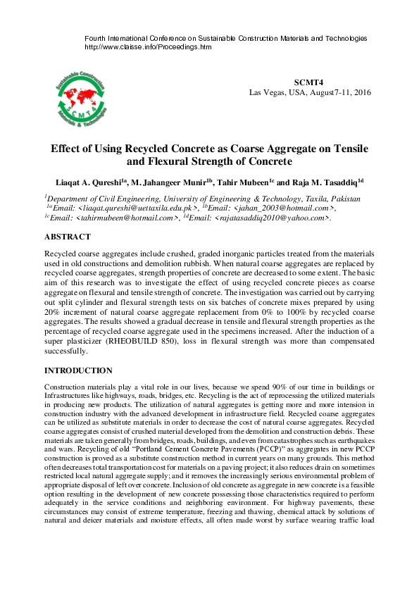 (PDF) Effect of Using Recycled Concrete as Coarse Aggregate on Tensile ...