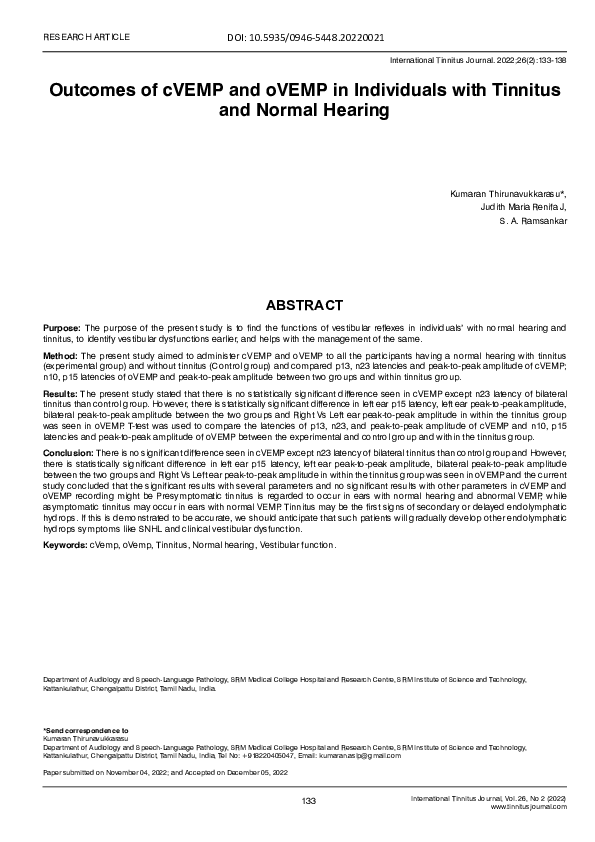 (PDF) Outcomes of cVEMP and oVEMP in Individuals with Tinnitus and ...