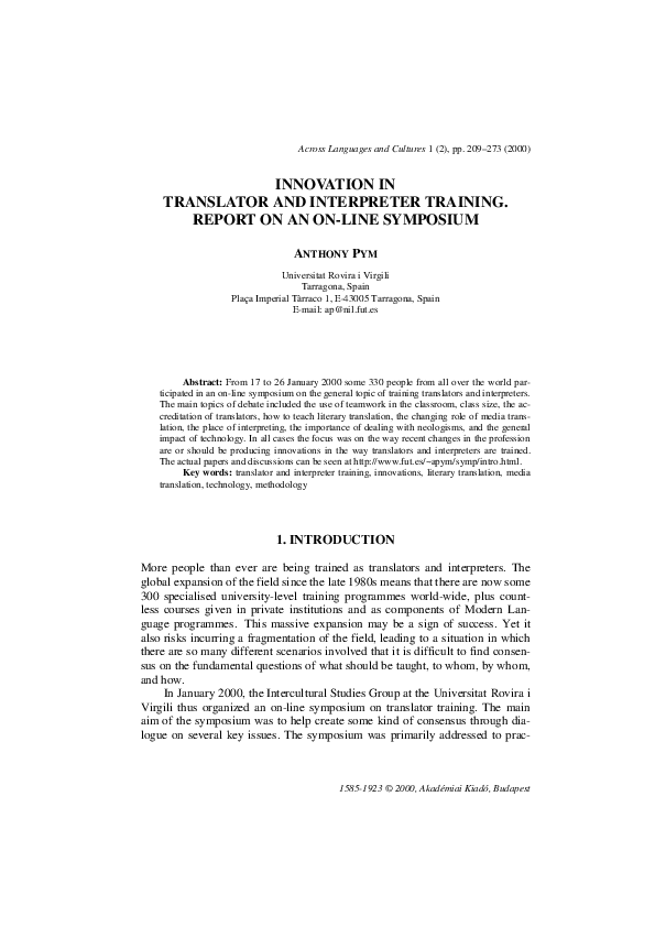 (PDF) Innovation in Translator and Interpreter Training. Report on an ...