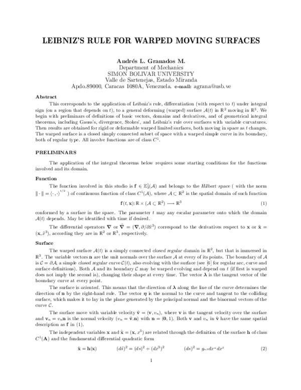 (PDF) Leibniz's Rule for Warped Moving Surfaces
