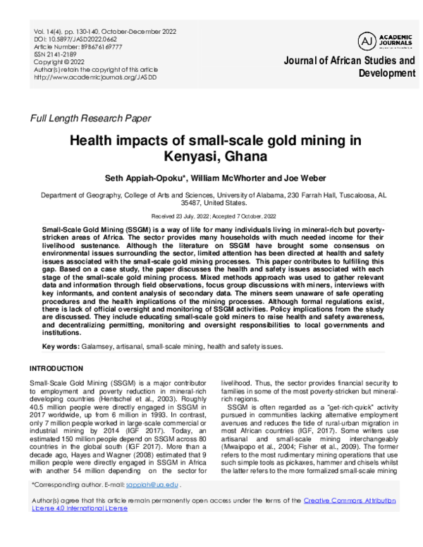 (PDF) Health impacts of small-scale gold mining in Kenyasi, Ghana