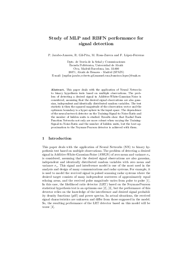 (PDF) Study of MLP and RBFN performance for signal detection
