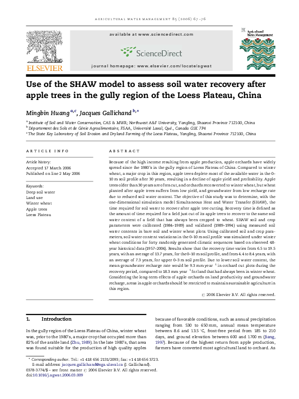 (PDF) Use of the SHAW model to assess soil water recovery after apple ...