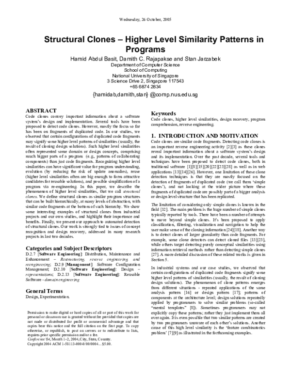 (PDF) Structural Clones–Higher Level Similarity Patterns in Programs