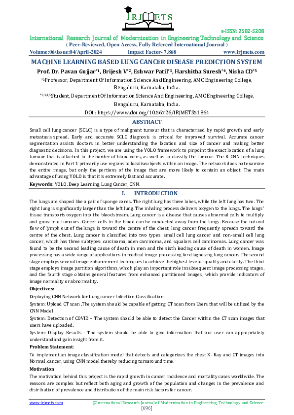 (PDF) Machine Learning Based Lung Cancer Disease Prediction System