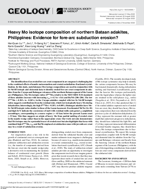 (PDF) Heavy Mo isotope composition of northern Bataan adakites