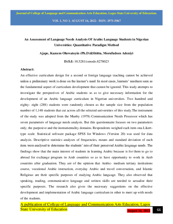 (PDF) An Assessment of Language Needs Analysis Of Arabic Language ...