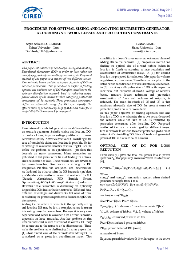 (PDF) Procedure for optimal sizing and locating distributed generator ...