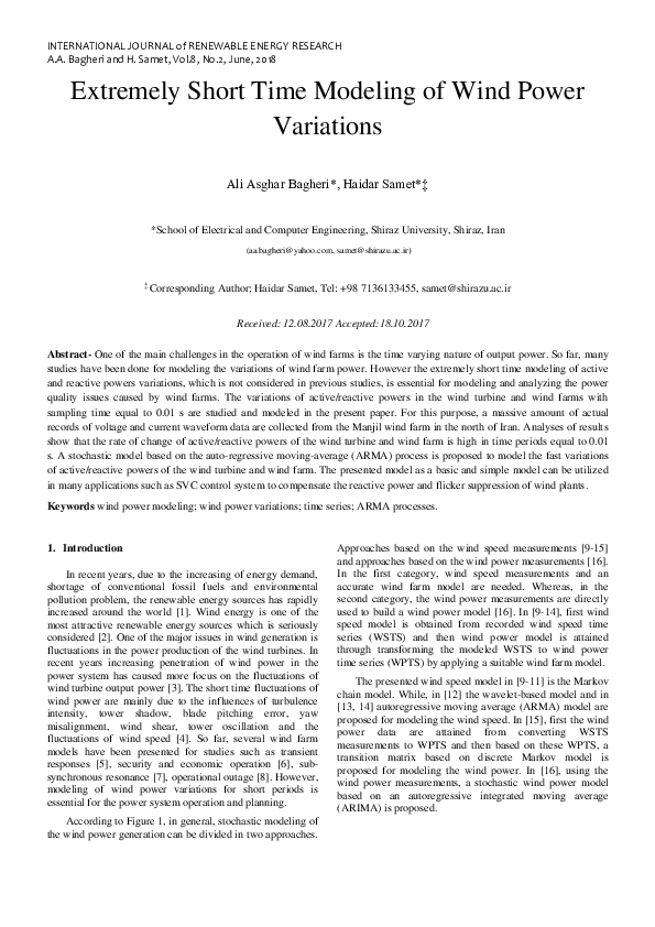 (PDF) Extremely short time modeling of wind power variations