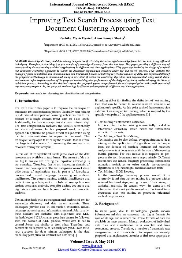 (PDF) Improving Text Search Process using Text Document Clustering Approach