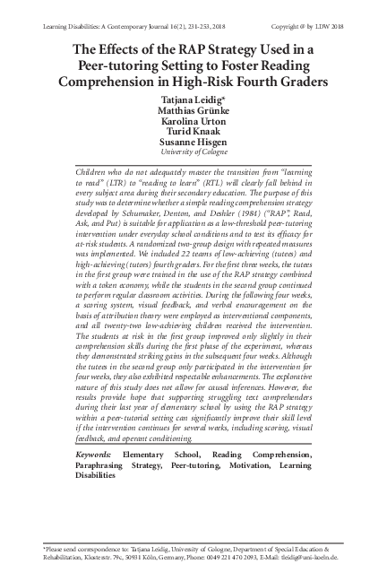 (PDF) The Effects of the RAP Strategy Used in a Peer-tutoring Setting ...