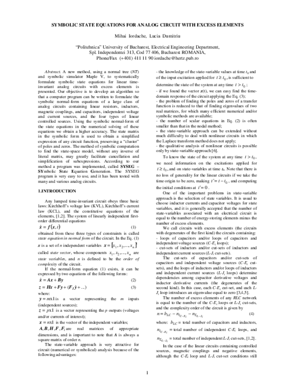 (PDF) 1 Symbolic State Equations for Analog Circuit with Excess Elements