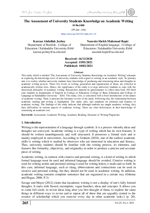 (PDF) The Assessment of University Students Knowledge on Academic Writing