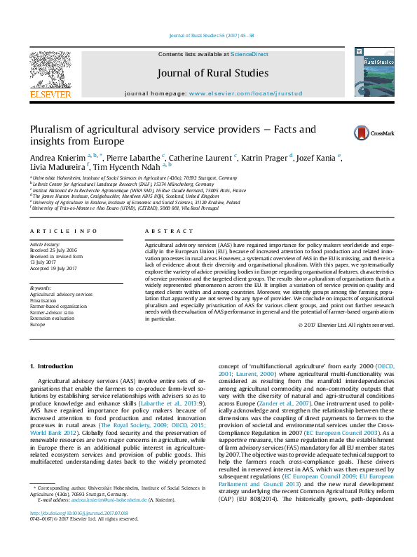 (PDF) Pluralism of agricultural advisory service providers – Facts and ...